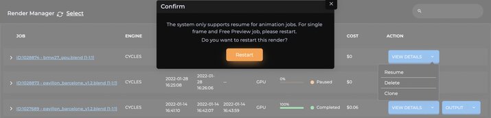 Restart a render job